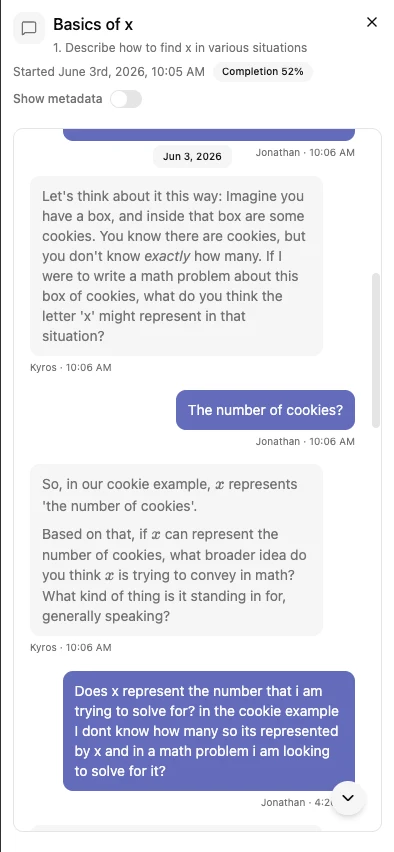 Interactive student chat interface showing guided Socratic conversation